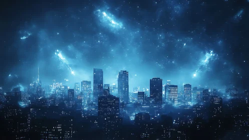 Futuristic neon city skyline under glowing cosmic night.