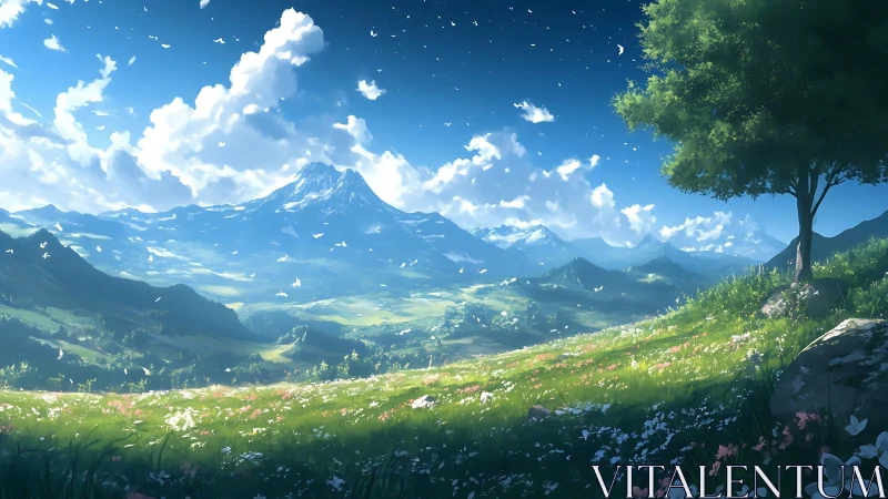 Sunlit alpine valley stretches below distant snow peak