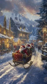 Santa sleighs glide through glowing snowy village street.