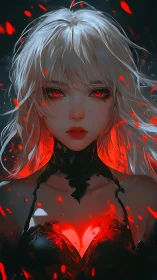 Crimson-eyed sorceress with luminous heart core portrait.