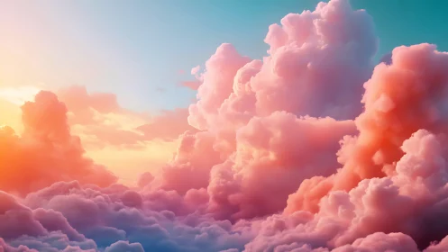 Dreamlike pastel cloudscape under radiant sunrise sky.