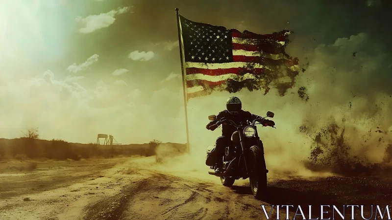 Dust-slinging rider carves freedom beneath a blazing flag