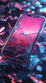 Fractured smartphone display in neon bokeh glass environment.