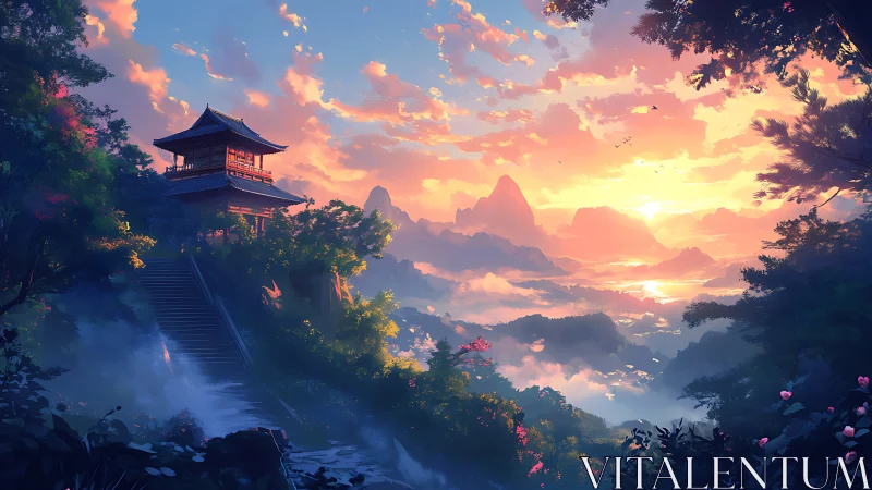 Sunlit mountain temple above layered mist and river valley