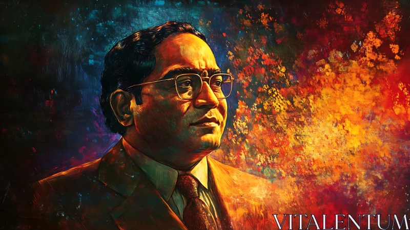 Illuminated statesman portrait in blazing bicolor abstract field.