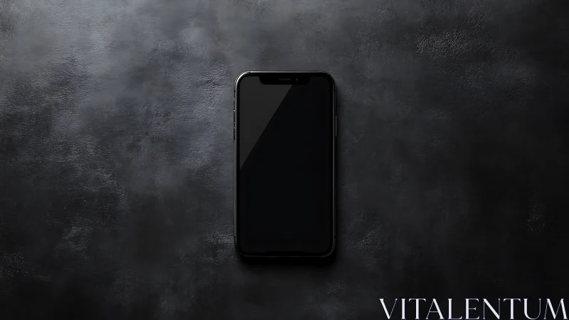 Black smartphone centered on textured dark gray concrete surface background.