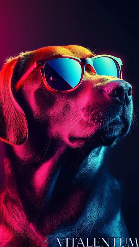 Cool neon labrador in reflective sunglasses gazes ahead.