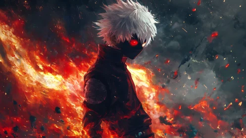 Fiery white-haired antihero stands amid erupting inferno.