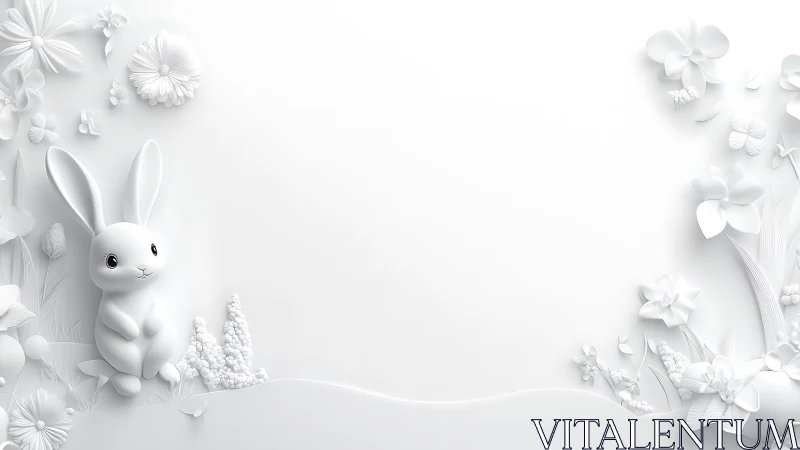 White 3D bunny with floral relief framing central blank space