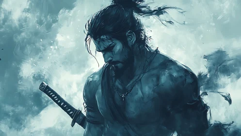 Samurai warrior stands shirtless with sword in misty air