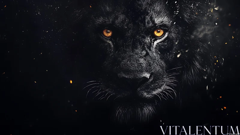 Fierce midnight lion with glowing amber, watchful eyes.