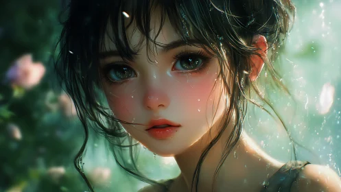 Wet-haired anime girl portrait shows detailed water droplets