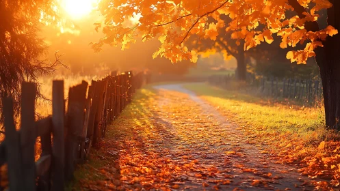 Backlit rural lane with autumn foliage in low sun glow