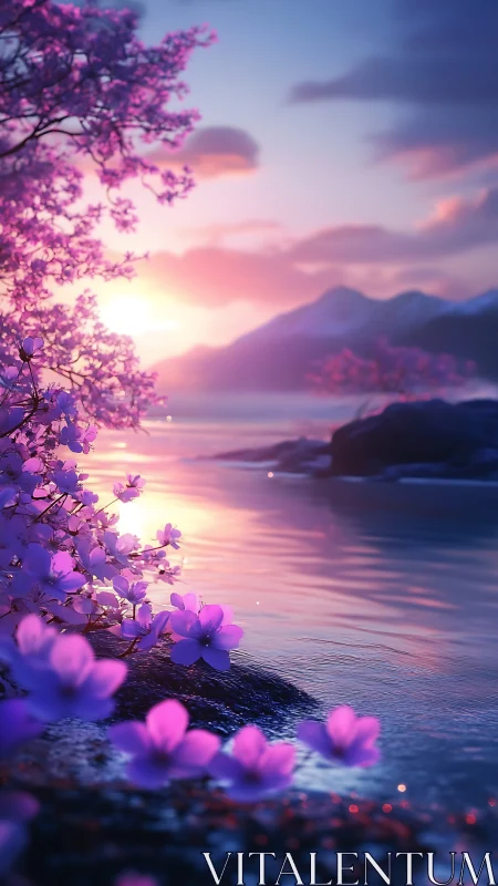 Cherry blossoms by reflective lake at pastel sunset.