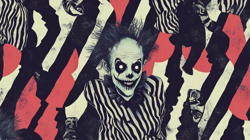 High-contrast skeletal clown portrait with striped surreal repetition