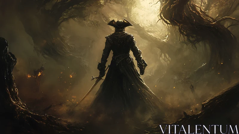 Dark hunter in fog-drenched twisted forest under backlight