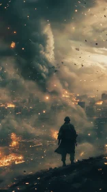 Solider stands above burning futuristic city in heavy smoke