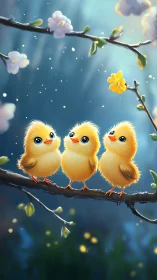 Three fluffy yellow chicks on blossom branch, soft backlight