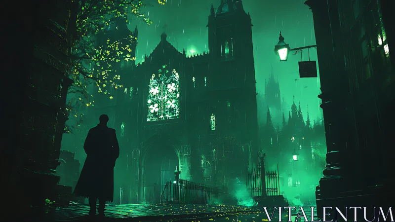 Solitary figure approaches a neon-green gothic cathedral in rain