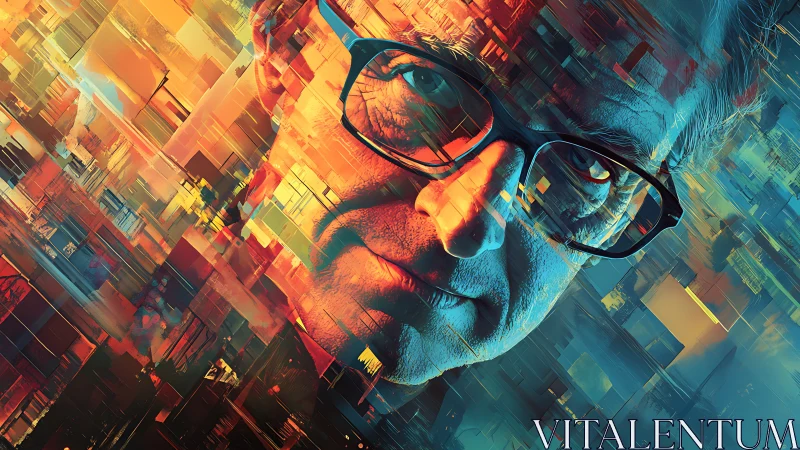 Smiling data-dreamer dissolving into neon geometry.