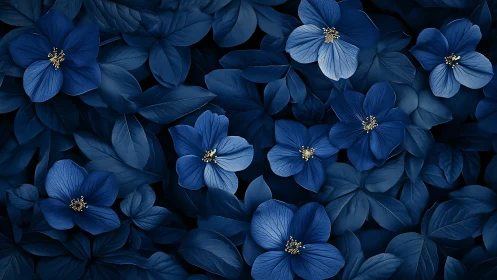 Blue flowers with golden stamen centers arranged in dense botanical composition.