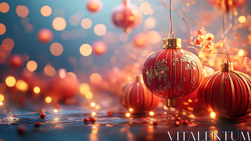 Red holiday baubles with warm bokeh lights on surface.