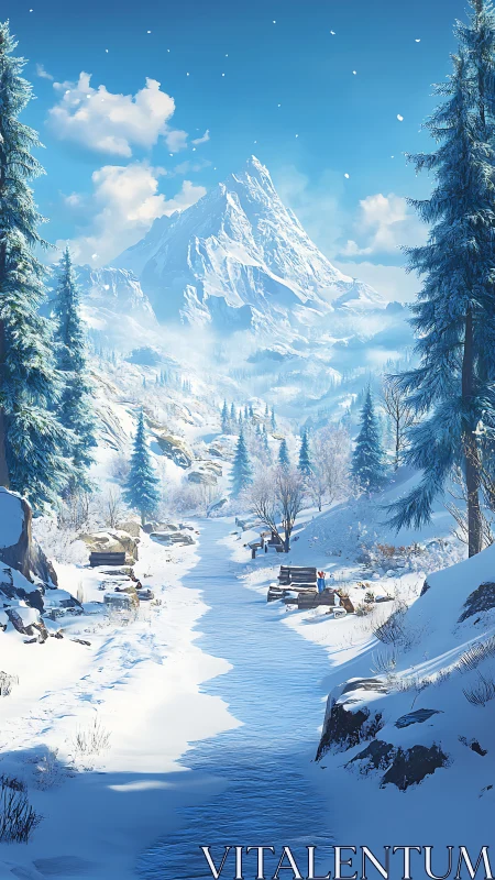 Snowy mountain valley under clear blue winter sky.