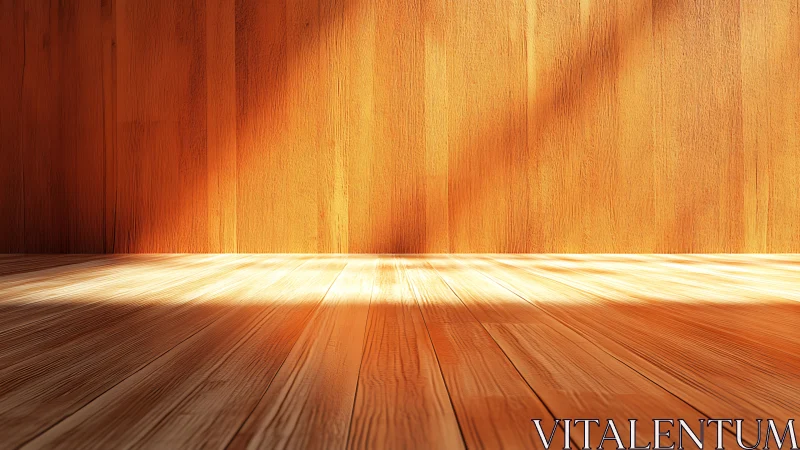 Sunlit wooden interior with warm plank textures and depth.