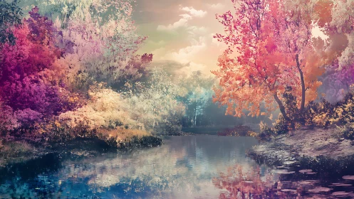 Digital landscape shows multicolored foliage around still water