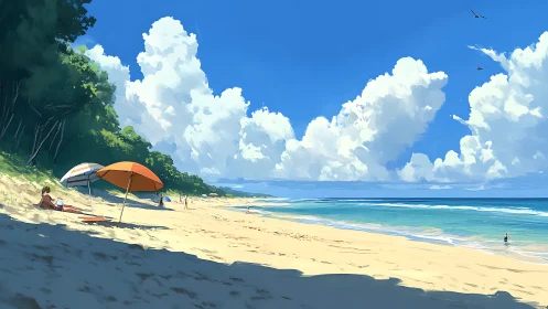 Panoramic digital seascape renders sunlit beach and clouds