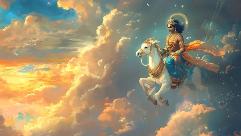 Celestial rider draped in gold gliding through auric clouds.
