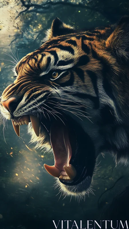 Roaring duskforest tiger crowned in drifting ember light.