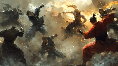 Martial warriors clash in a storm of fire, dust, and motion