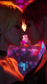 Neon lovers share quiet intimacy under electric city glow.