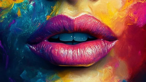 Vivid painted lips extend across saturated abstract face