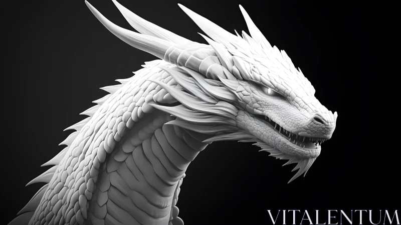 Monochrome 3D dragon bust with high-relief scale detailing.