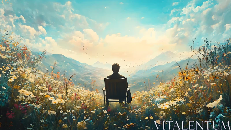 Quiet soul enjoys sunrise over wildflower mountain valley