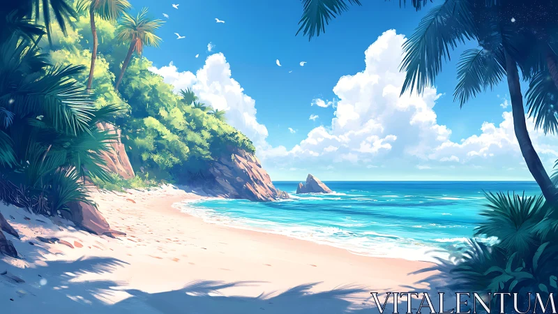 Tropical Coastal Cove with Palm-Framed Beach and Turquoise Waters.