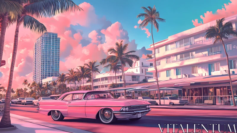 Cotton candy boulevard with a cruising retro pink classic car.