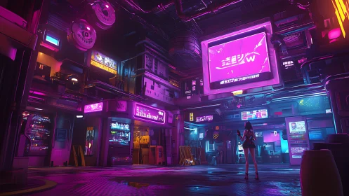 Neon-soaked cyberpunk alleyway glows with holographic ads.