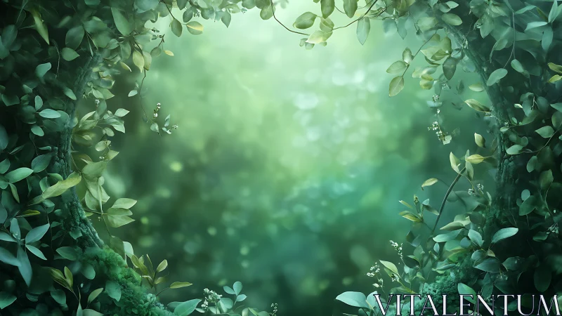 Lush forest canopy framing soft glowing clearing.