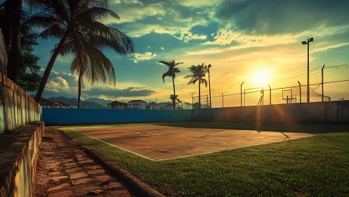 Sunlit tropical basketball court under glowing evening sky.