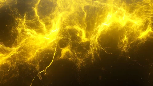 Abstract glowing yellow energy streaks on dark background, digital art.