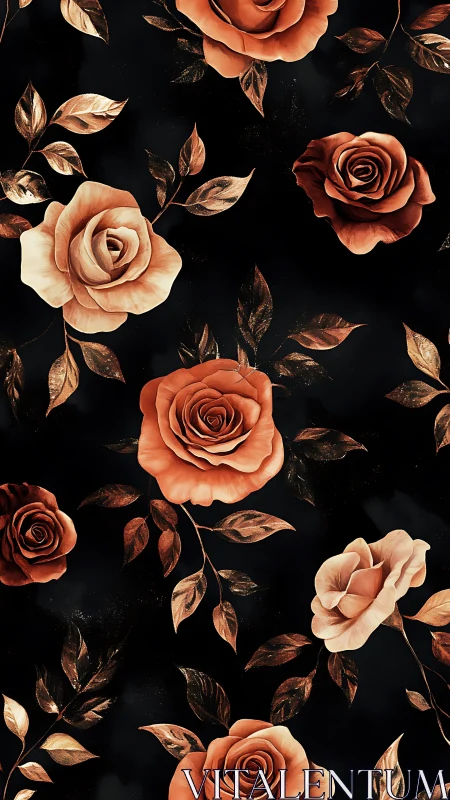 Copper Rose Floral Pattern on Black Background