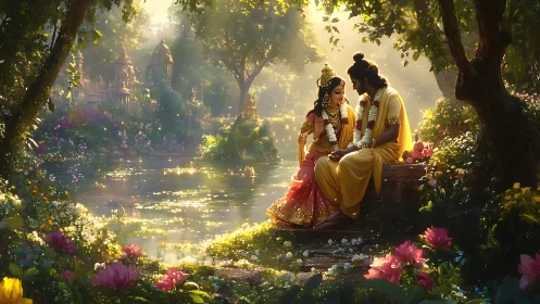 Divine lovers beside lotus pond in luminous forest sanctuary.