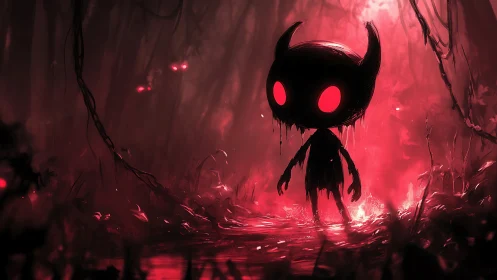 Horned shadow figure with neon-red eyes in infernal forest