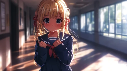 Sunlit hallway hush with shy anime schoolgirl in navy uniform.