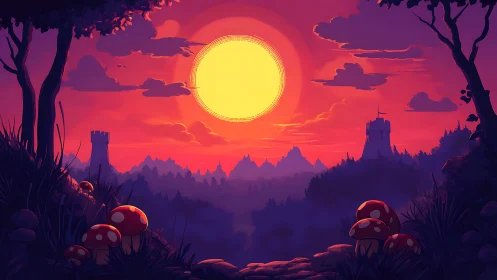 Crimson valley sunrise crowns twin towers and mossy toadstools.