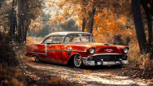 Classic red Chevrolet parked on autumn forest path