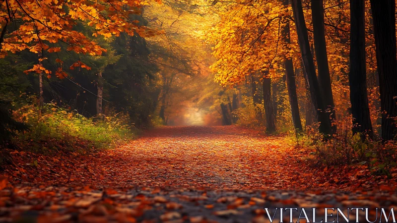 Autumn Forest Path Glowing Golden Light.